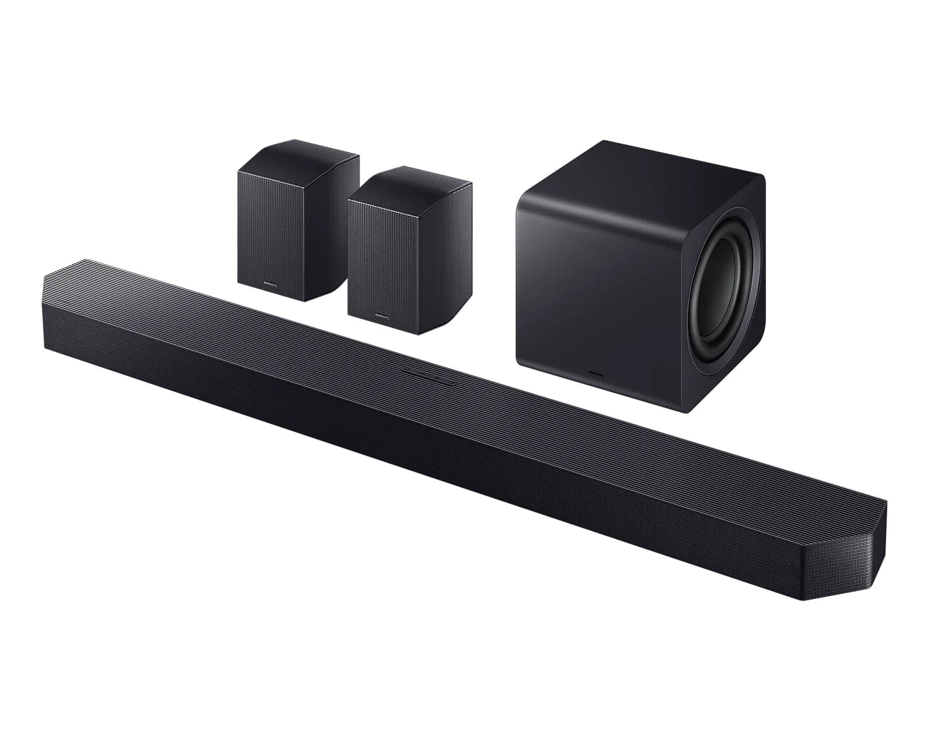 Samsung HW-Q990F Q-Series 11.1.4ch Dolby Atmos soundbar, front with subwoofer and rears