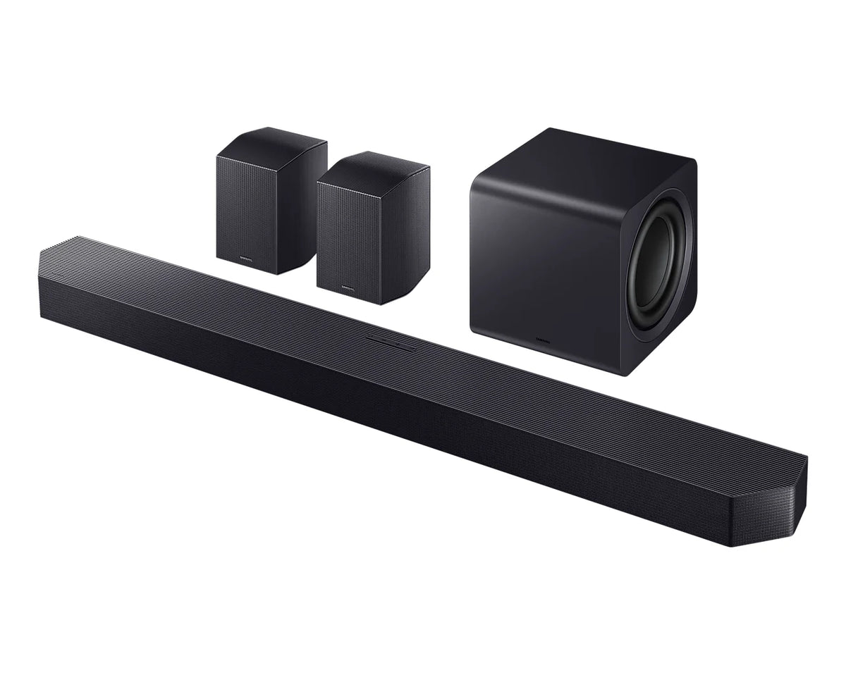 Samsung HW-Q990F Q-Series 11.1.4ch Dolby Atmos soundbar, front with subwoofer and rears